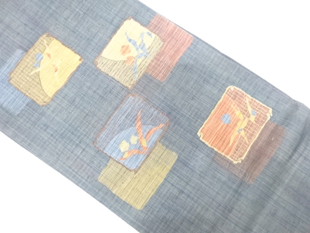 手織り紬色紙に花模様織出し袋帯